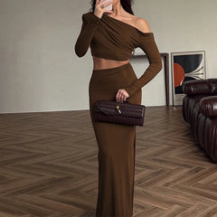 Lunivop  BKLD Autumn Brown Asymmetric Off-shoulder Full Sleeves Short Tops+Tight Fit Long Half Skirts Sexy Casual Women's Streetwear