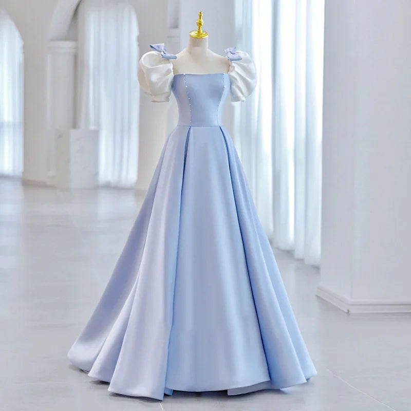 Lunivop  Blue Square Collar Evening Dress Simple Long Slim Waist Party Dresses Bow Puff Sleeve Pleated Princess Prom Dresses Customized