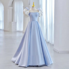 Lunivop  Blue Square Collar Evening Dress Simple Long Slim Waist Party Dresses Bow Puff Sleeve Pleated Princess Prom Dresses Customized