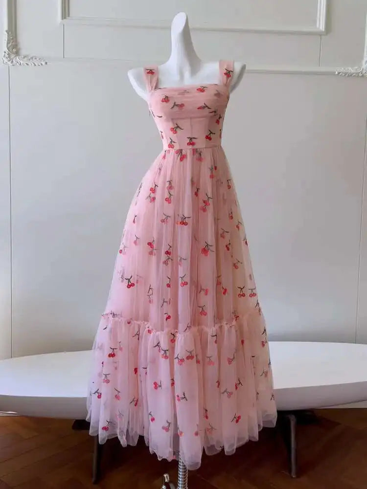 Lunivop  2025 Spring And Summer New Cherry Embroidery Dreamy Women Dress Tulle Fabric Sleeveless Elegant Dresses Female