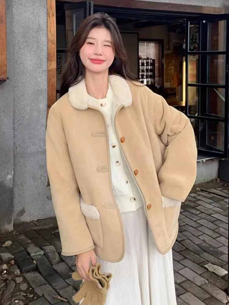 Lunivop Women Faux Lamb Suede Jacket Winter Warm Long Sleeve Sweet Cotton Coat Korean Pockets Female Thick Vintage Outwear Tops