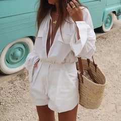 Lunivop  Summer Long Sleeve Lace Up Casual Women Playsuit Fashion High Street Pocket White Cotton Linen Loose Shorts Romper