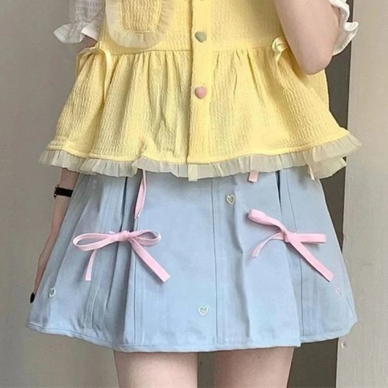 Lunivop  Summer Academy Style Solid Color Doll Neck Top Short Sleeved Tank Top Vest Vest High Waist Solid Color Bow Women's Short Skirt