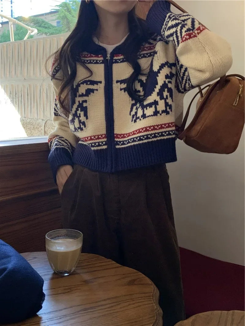 Lunivop Knitted Zip Up Cardigan Women Vintage Fair Isle Zipper Front Cropped Sweater Jacket Knitwear Autumn Winter Outfit