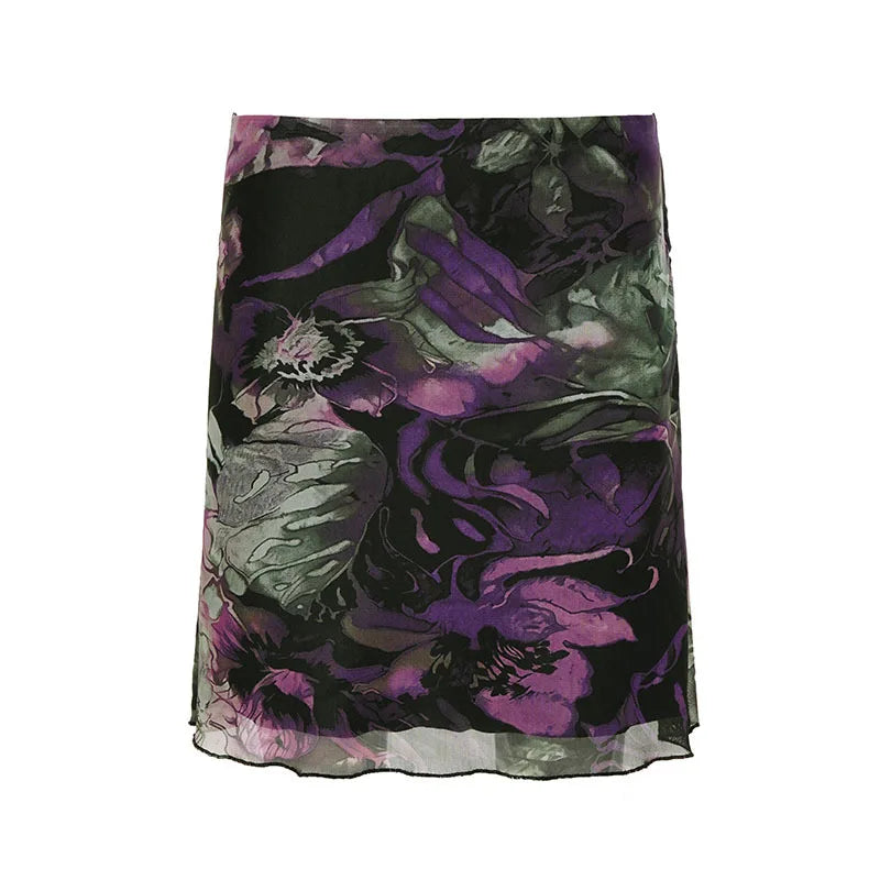 Lunivop  Literary Vinatge Korean Summer Mesh Skirts Y2k Elgant Fairy Flower Print All Match Casual Punk Jupe Harajuku Hiigh Street Skirt