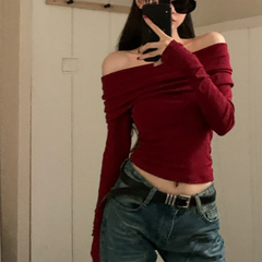 Lunivop Chic Women Sexy Off Shoulder T-shirt Winter Long Sleeve Slim Fit Crop Top Y2K Vintage Harajuku Black Tees Elegant Female Clothes