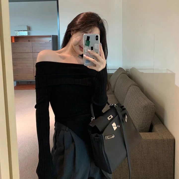 Lunivop Off Shoulder Knit Top for Women Long Sleeve Off-The-Shoulder Ribbed Knit Pullovers Women Sweater Y2K Outfit