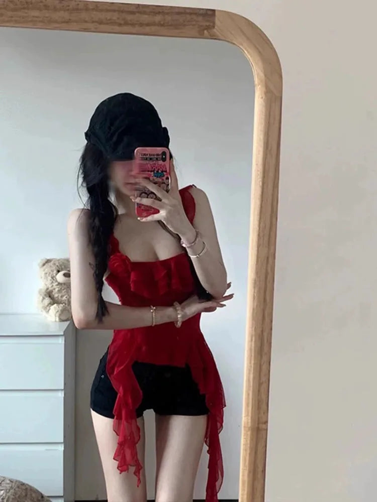 Lunivop  Red Three-dimensional Rose Mesh Ruffle Tank Top Irregular Slim Fit Camisole Vest for Women 2025 Summer New Sweet Crop Tops