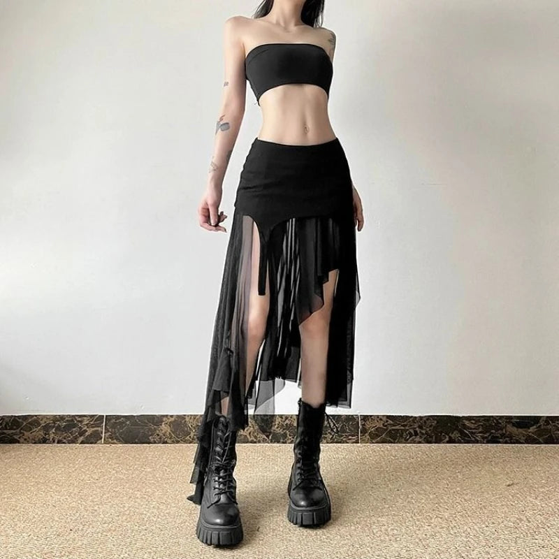 Lunivop Vintage Sexy Slit Skirt Women Y2k Elegant Irregular Sweet Ruffle Skirts Korean Style Tulle Streetwear Layered Skirts
