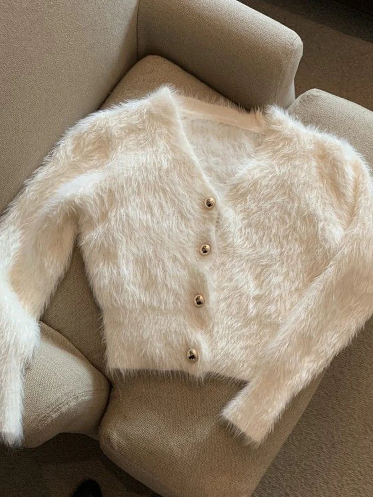 Lunivop Sexy V Neck Women Knitted Cardigan Winter Hairy Korean Slim Ladies Sweater Soft Fashion Black Button Up Female Short Coats
