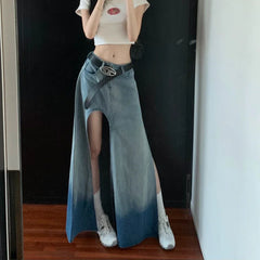 Lunivop High Street Sexy Split Loose Casual A-line Skirt Women Summer New Korean Distressed Washed Denim Mid-length Skirt