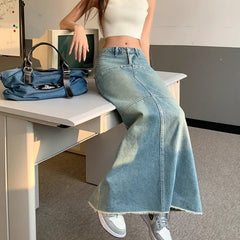 Lunivop Streetwear Loose Casual Blue Denim A-line Skirt Women Summer New Korean High Waist Washed Distressed Mid-length Skirt