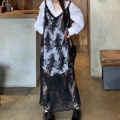 Lunivop Lace Floral Transparent Dresses Women Black Sexy Long Dress Korean Sleeveless Holiday Dress Vacation Streetwear Party