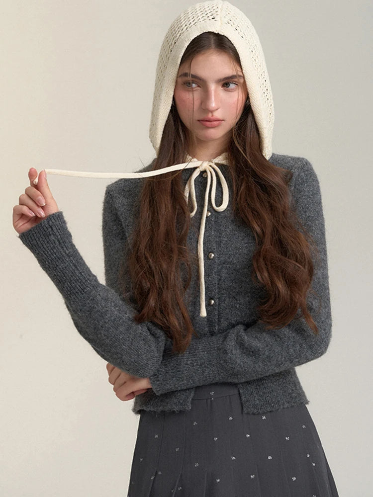 Lunivop Vintage Streetwear Hooded Cardigan Women Long Sleeve Hollow Out Patchwork Knitted Sweaters American Retro Lace Up Lace Tops