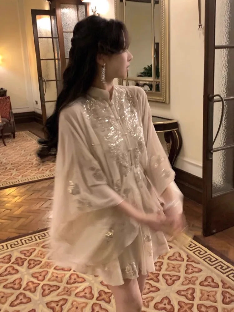 Lunivop  Fashion British Style Mermaid Dress 2 Piece Set Korean Luxury Sequin Cloak Pleated Skirt Suit Summer Women Party Clothes Outfits