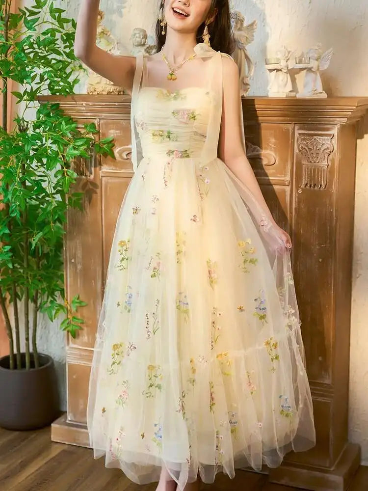 Lunivop Embroidered Mesh Strapless Dresses For Women Slash Collar High Waist Thin Elegant Dress Female Spring 2025 New