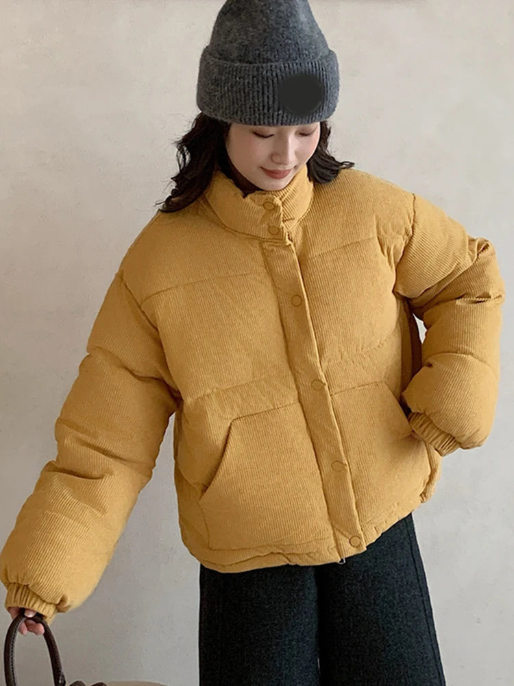 Lunivop Women Sweet Corduroy Parkas Warm Long Sleeve Retro Stand Collar Cotton Coat Winter Thick Casual Preppy Style Korean Jacket