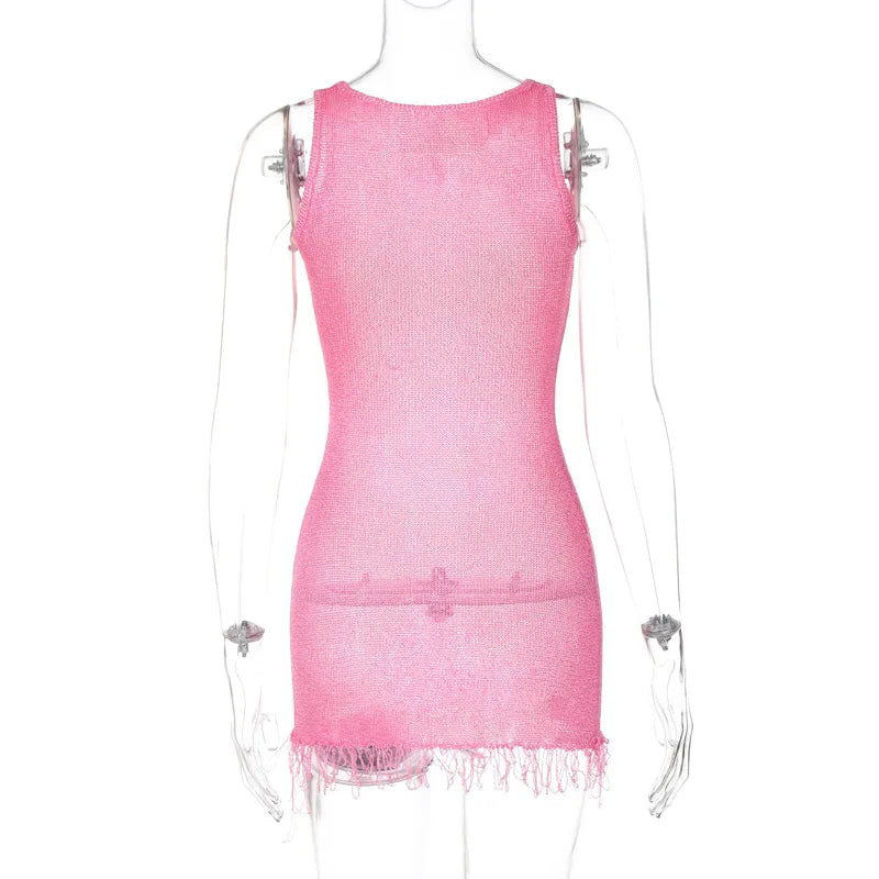Lunivop Solid Sleevelss O Neck Tassel Short Women'S Dresses Y2K Stereetwear 2024 Fashion Summer Fashion Vacation Casual Clothes