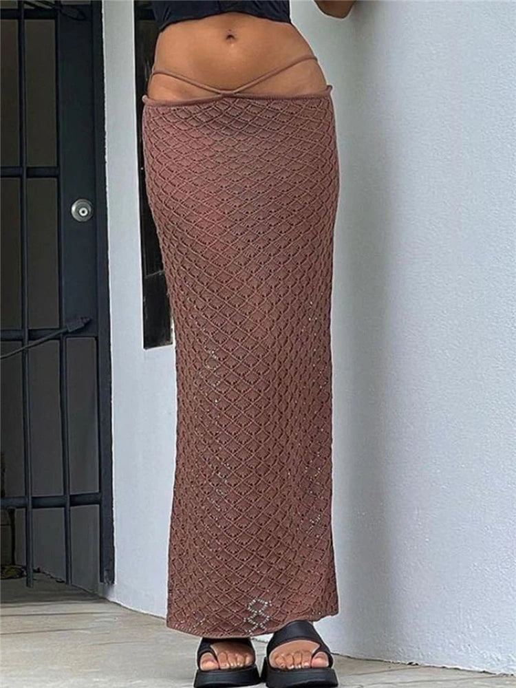 Lunivop  Beach See Through Long Skirts For Women Low Waist White Knitted Pencil Skirt Buttom Female Summer Fashion Party Clubwear