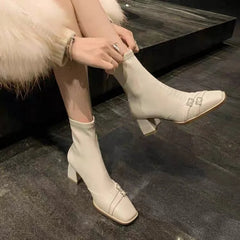 Lunivop High Heels Short Boots Women Fashion Double Strap High Heel Shoes Autumn Winter Chunky Heels Waterproof Square Toe Ankle Boots