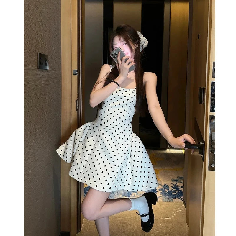 Lunivop  Polka Dot Strap Dress for Women in Spring and Summer Sweet and Spicy Backless Waist to Make Them Look Thin and Fluffy