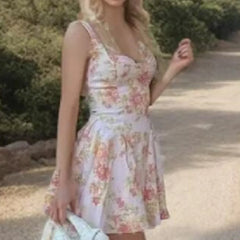 Lunivop  Sweet Pink Flower Print V Collar Sling Dress Women Corset Style Low Waist Folds Hem Ball Gown Swing Short Dresses Mini Tank Robe
