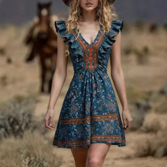 Lunivop  Vintage Chic Fashion Women Hippie Floral Print V-neck Bohemian Mini Dress Ladies Short Sleeve Summer Beach Wrap Boho Dresses