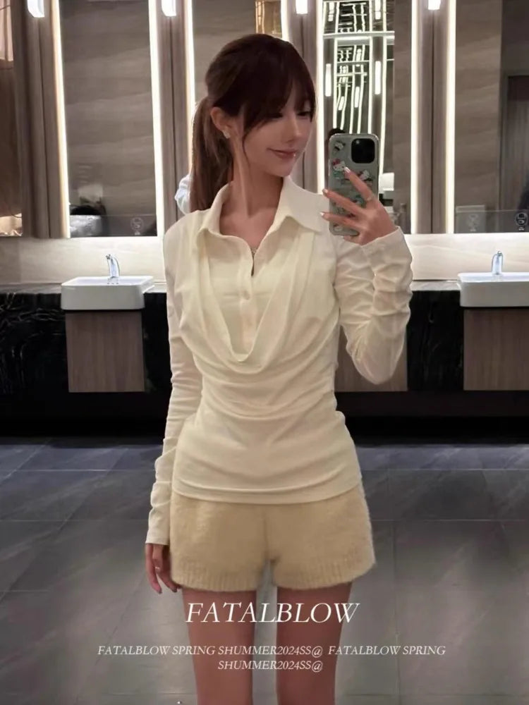 Lunivop  Y2k Fake Two Piece Patchwork Long Sleeve Blouses Simple White Slim Fit Bottoming Tops Mujer 2025 Spring New Blusas Mujer