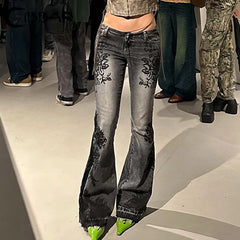 Lunivop  Streetwear y2k Flare Jeans Distressed 2000s Floral Print Low Rise Slim Denim Pants Korean Women Trousers Retro Mom Jeans