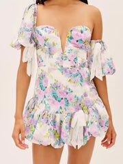 Lunivop  Sexy Short Lantern sleeve One Shoulder Party Dresses Retro Women Spliced Bow Bandage Floral Print Mini Dress