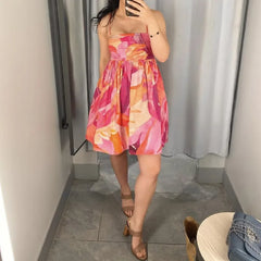 Lunivop  Holiday Tie-dye Flower Print Slash Collar Ruched Chest Mini Sling Dress Sexy Low Back Backless Robe BOHO Summer Vestido