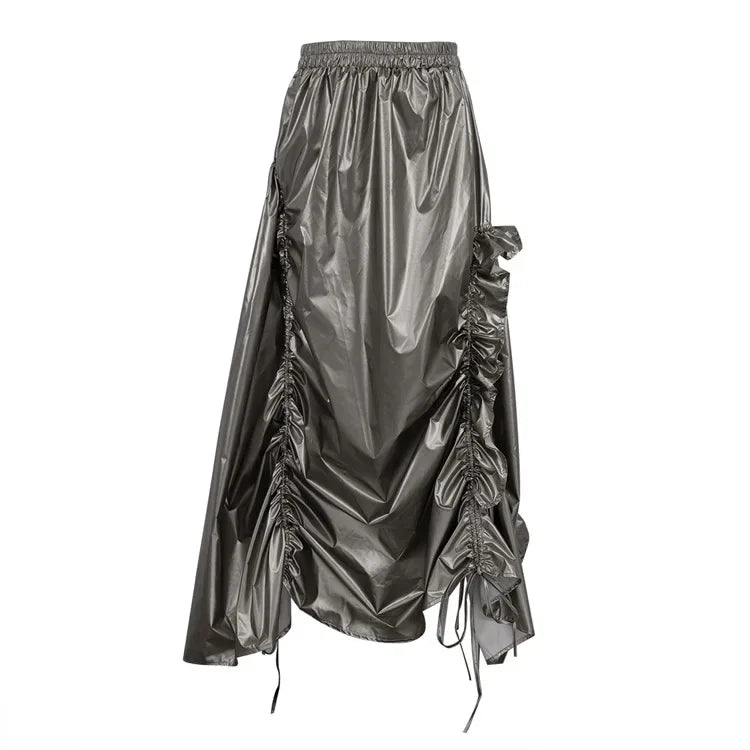 Lunivop Gray Shirring Maxi Skirts for Women Fashion High Waist Irregular A-line Skirt Autumn Winter Vintage Ruffle Y2K Skirt