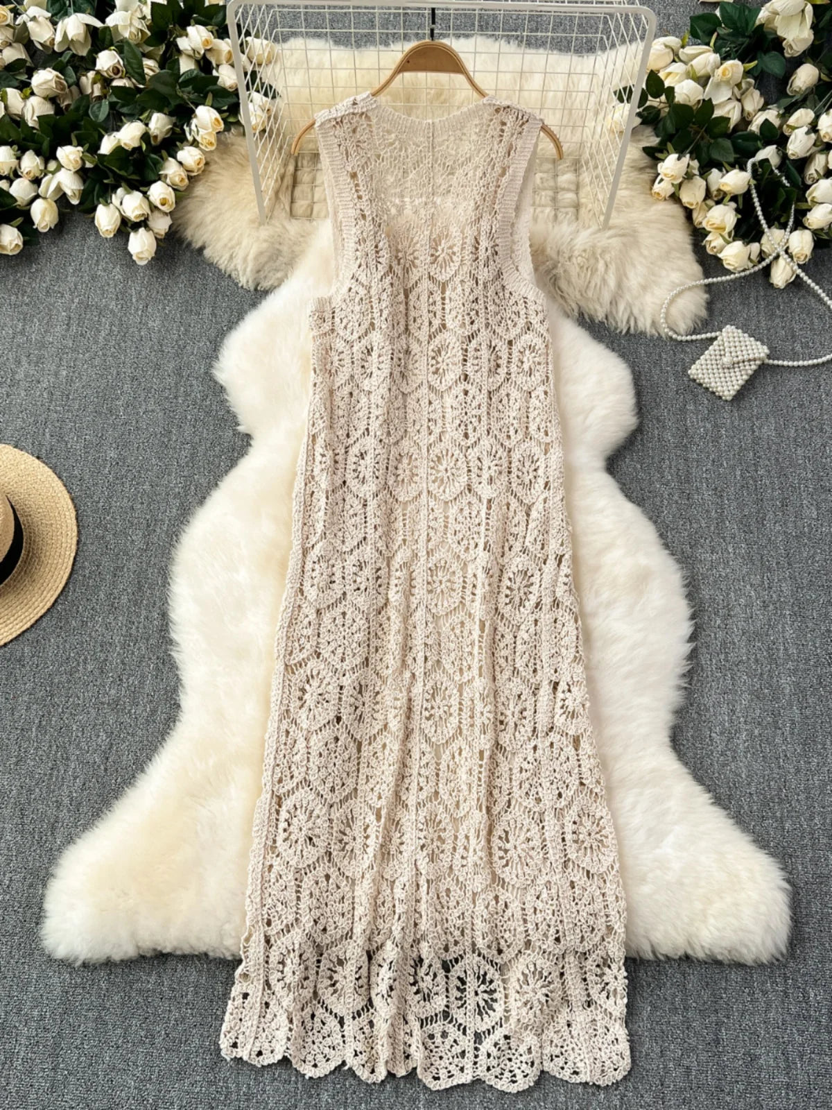 Lunivop Longline Crochet Cardigan Button Front Sleeveless Sheer Open-knit Long Cover-up Jacket Women Summer Beach Vacation Outfit