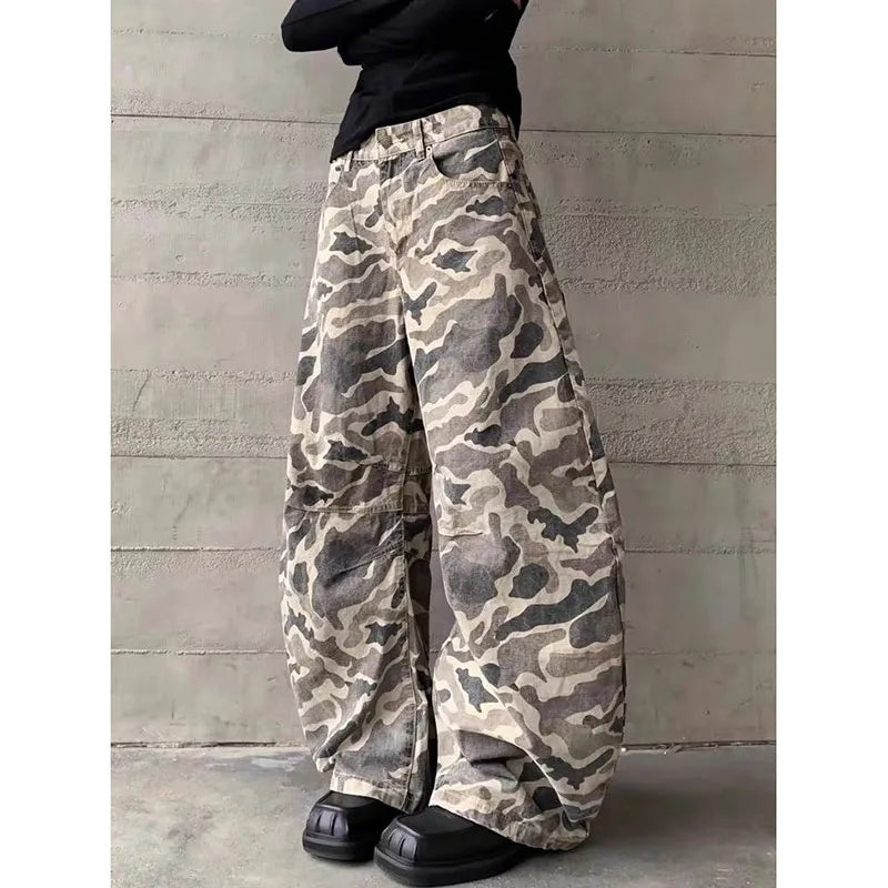 Lunivop Autumn Winter New Low Rise Jeans Y2k Ladies American High Street Baggy Pants Woman Camouflage Drawstring Mop Jeans for Women