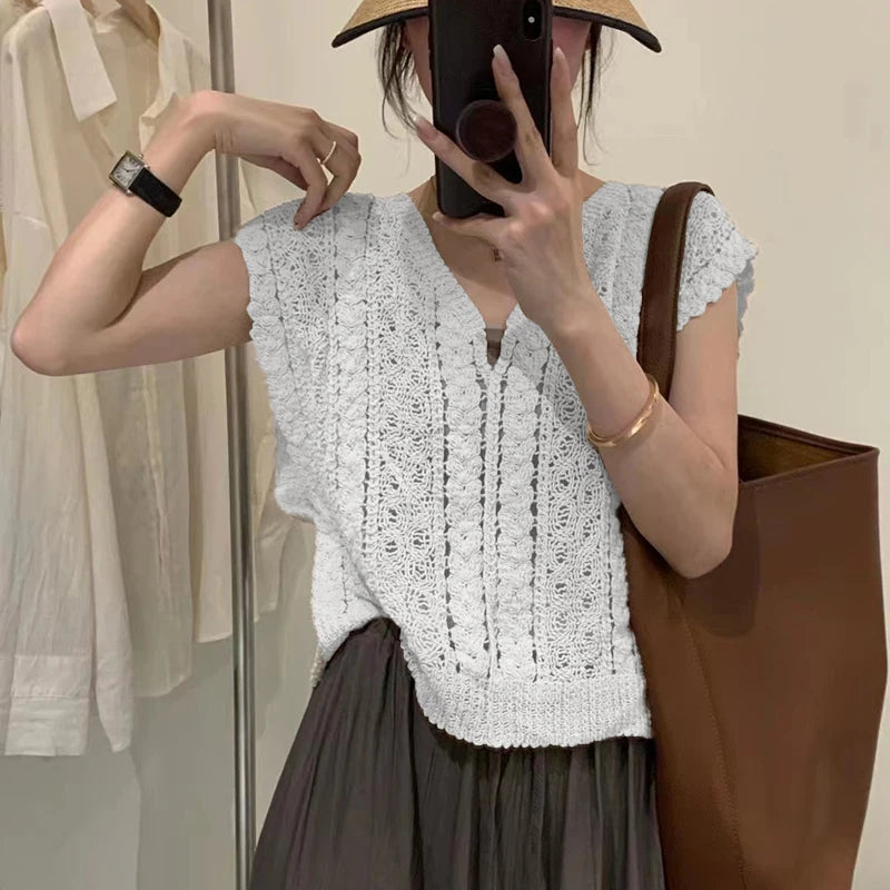 Lunivop Summer Crochet Top Women Sheer Openwork V-neck Sleeveless Knit Tank Blouse Beach Boho Vacation Outfit
