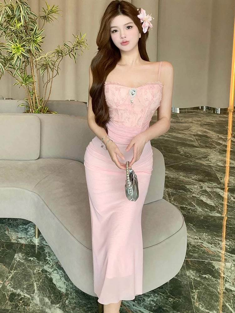 Lunivop  Women Pink Mesh Patchwork Jacquard Diamonds Sling Long Dress Summer Elegant Casual Holiday Dress Korean Bodycon Party Dress