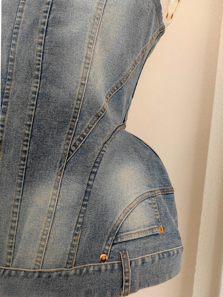 Lunivop  Fashion Top For Womne Denim Fabric Zipper Slash Neck Sleeveless Female Party 2025 Summer Clothes New Tide