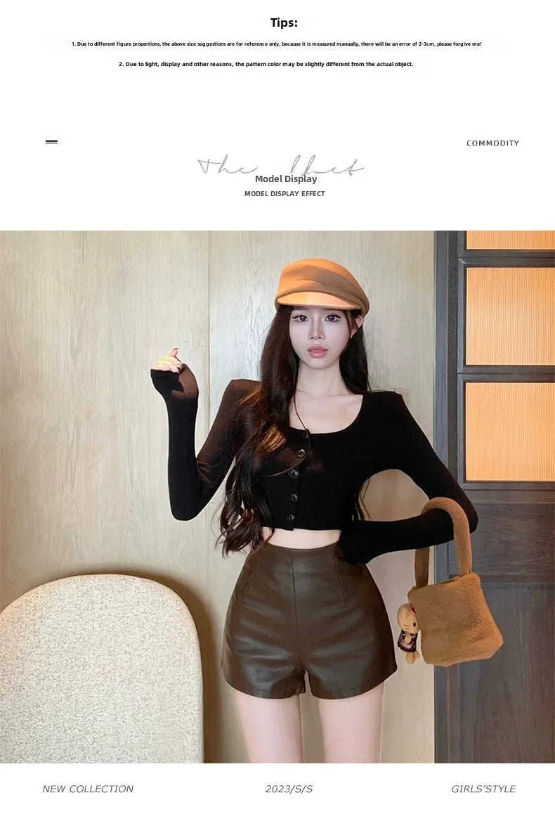 Lunivop Women's New Autumn Black Leather Shorts High-waisted Slimming Tight A- line Casual Pants For Smooth Slimmed Silhouette