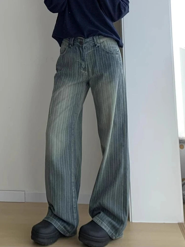 Lunivop Women Streetwear Striped Jeans Vintage High Waist Design Y2K Denim Pant Casual American Hip Hop Harajuku Wide Leg Trousers Fall