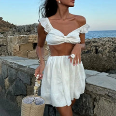 Lunivop   Tank Top Puffy Mini Skirt Two Piece Set Women Summer Sling Crop Top Short Skirt Sets Female Beach Casual Dress Set Suit 2025