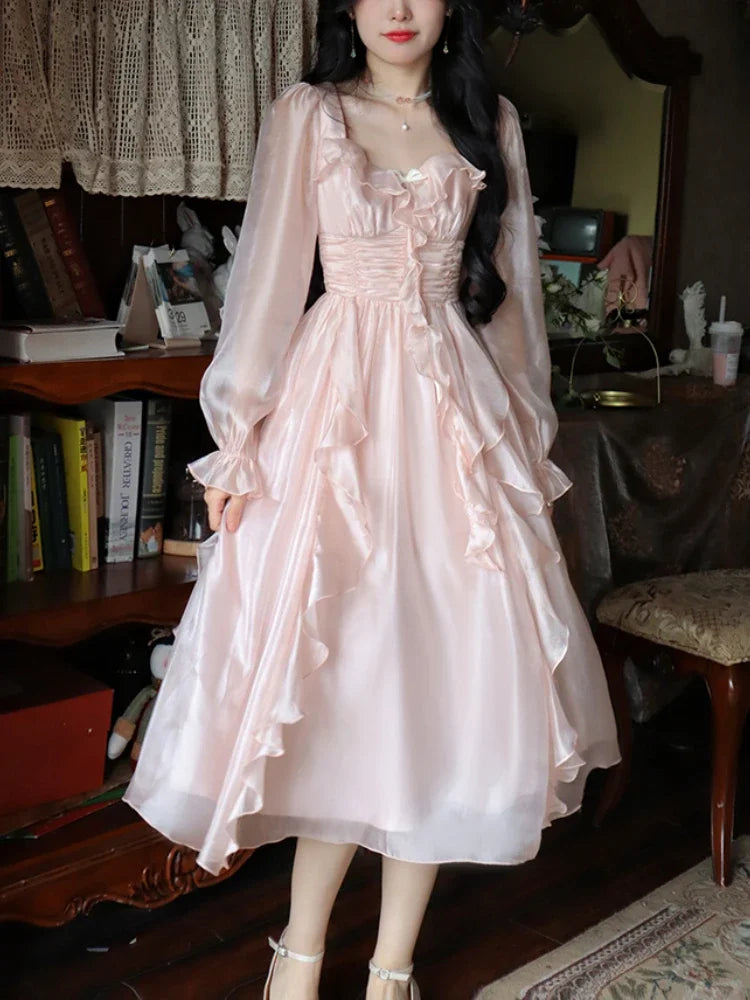 Lunivop  Autumn Vintage Party Midi Dress Women Pink Fairy Korean Style Sweet Dress Female Bubble Sleeve Elegant Evening Party Dress