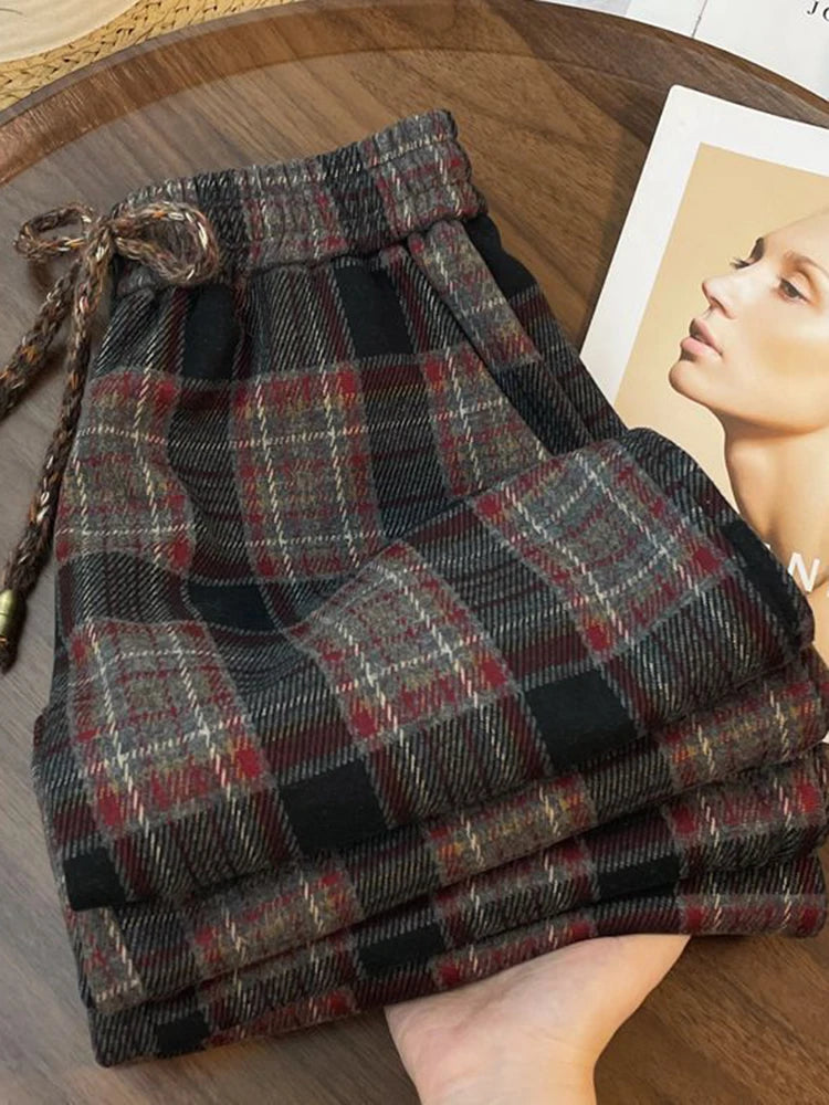 Lunivop Retro Streetwear Plaid Pants Women Lace Up Loose Hip Hop Straight Trousers High Waist Casual Vintage Harajuku Bf Wide Leg Pant