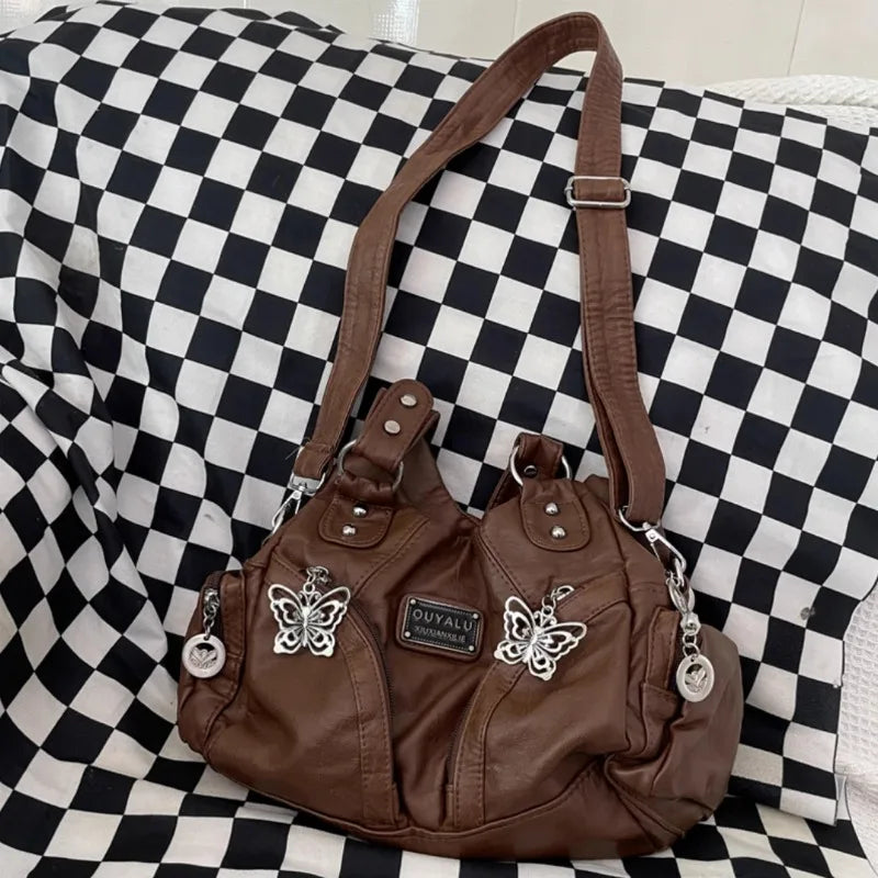 Lunivop Brown Y2k Womens Shoulder Bag Vintage Fashion Soft Pu Leather Gothic Tote Bag Punk Harajuku Casual Large Capacity Handbag