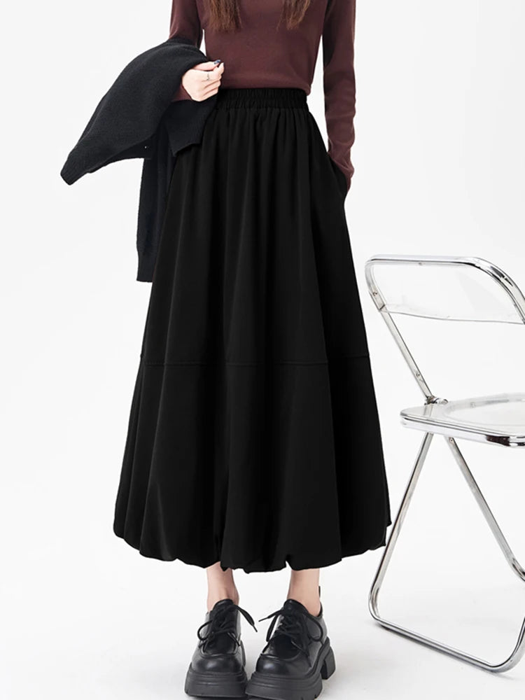 Lunivop Retro Ball Gown Long Skirt Women Loose High Waist Elegant A Line Skirt Fall Vintage Sweet Design Korean Solid Long Skirts