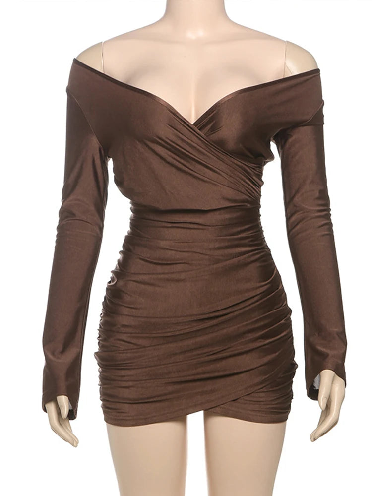 Lunivop V Neck Off Shoulder Long Sleeve Mini Dresses For Women Party Night Club Outfits Women Sexy Brown Bodycon Dress
