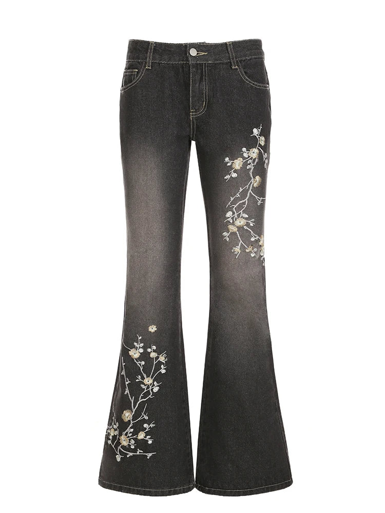 Lunivop Weekeep Floral Embroidery Jeans Vintage 2000s Low Rise Flared Jeans Women Retro Y2k Baggy Denim Pants High Street Basic Trousers