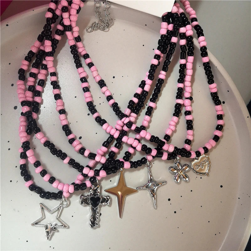 Lunivop Goth Y2K Cute Star Cross Pendant Black Pink Beaded Chain Necklace Egirl 2000s EMO Harajuku  Aesthetic Grunge Jewelry Accessories