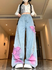 Lunivop  American Vintage Butterfly Embroidered Jeans for Women Spring Autumn New Straight Denim Pants High Waist Wide Leg Pants