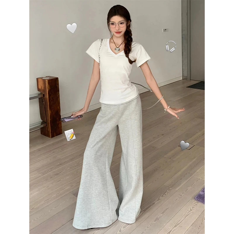 Lunivop Spring Gray Splicing Wide leg pants Contrasting Casual Pants Wide Elastic High Waist Women Straight Leg Chic Street Trousers