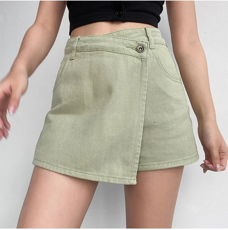 Lunivop Elegant Slimming High-waisted A- line Denim Shorts Women's Summer New 2023 Light Color Two-piece Illusion Design Slim Fit